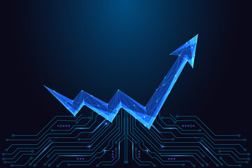 AI financial growth arrow over circuit board, business success and tech investment illustration