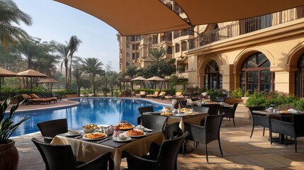 Outdoor hotel restaurant by the poolside with shaded seating and breakfast setup