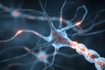 Realistic 3D illustration of neuron with dendrites and axon signal
