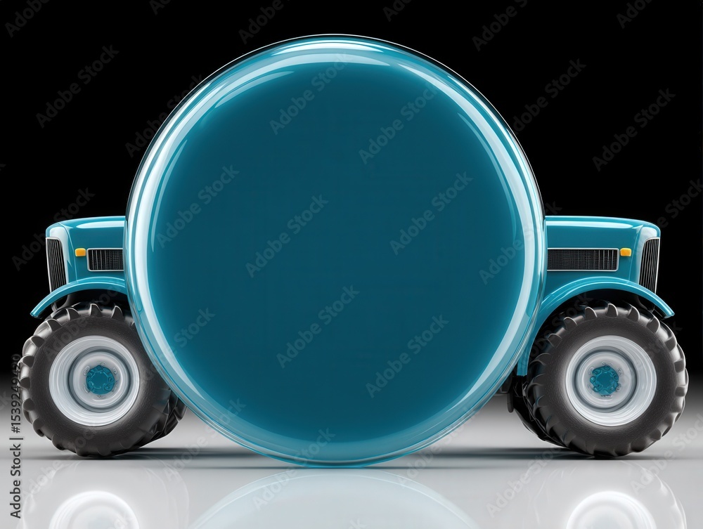 Poster a powerful turquoise tractor partially hidden behind a glossy circular object showcasing sleek desig