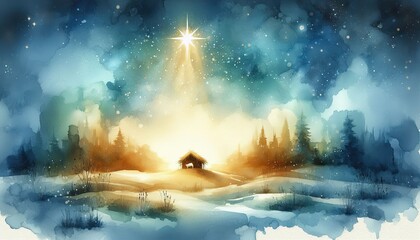 Watercolor christmas nativity scene with star of bethlehem art