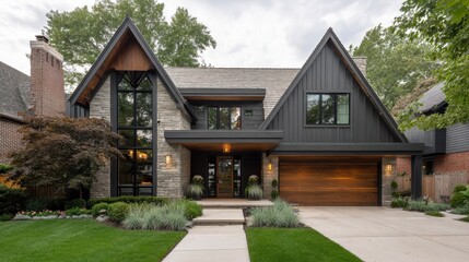 Sophisticated home exterior with bold materials and seamless brick-to-siding transitions