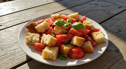 Panzanella salad with tomatoes, bread cubes, and basil on a white plate