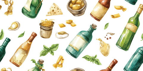 Italian Wine, Pasta, and Fresh Herbs Seamless Pattern. Gourmet Food and Beverage Culinary Design for textile, packaging, fabric, wallpaper, branding, stationery, wrapping paper interior decor.