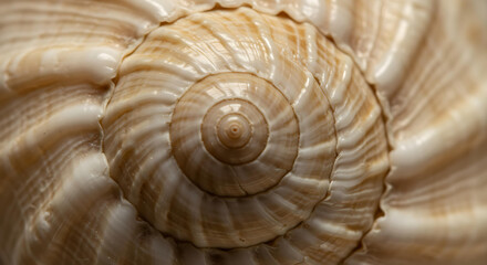 Close-up of seashell surface with natural patterns and texture, macro ocean object in beige and white tones