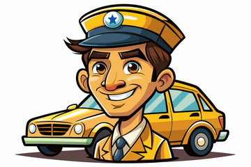 Obraz premium smiling taxi driver proudly standing next to his car on white background vector urban transportation, professionalism, friendliness, and daily commute service concept