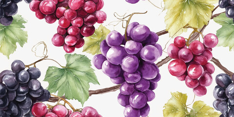 Juicy Purple Grapes on the Vine Watercolor Seamless Pattern. Fresh Fruit and Vineyard Harvest Design for textile, packaging, fabric, wallpaper, branding, stationery, wrapping paper interior decor