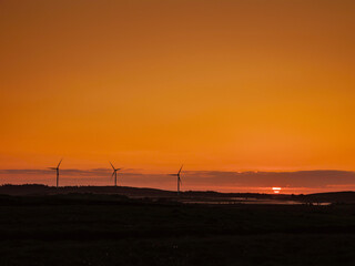 Renewable wind turbines in a vast field at warm orange sunrise. Alternative sustainable source of...