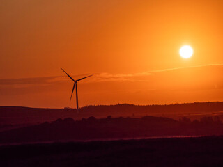 Renewable wind turbines in a vast field at warm orange sunrise. Alternative sustainable source of...
