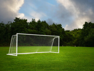 Fototapeta premium Soccer or football goal posts on clean green grass in foreground, dark trees and dramatic cloudy sky in the background. Popular sport equipment and training ground. Professional club pitch.