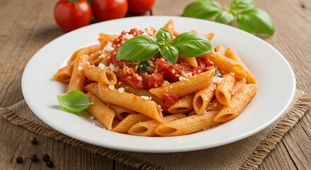 Penne pasta with tomato sauce, basil, and parmesan on a rustic wooden table