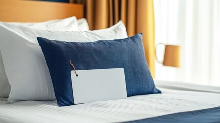 Sanitized room tag placed on pillow of hotel bed in a spotless guest room
