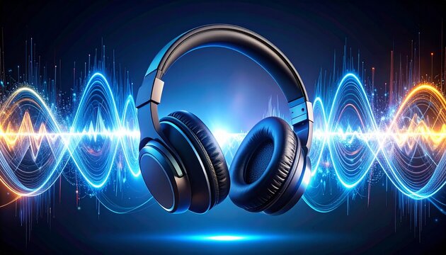 Floating headphones with sound wave trail. Ideal for audio tech ads, music promotions, or electronic product branding