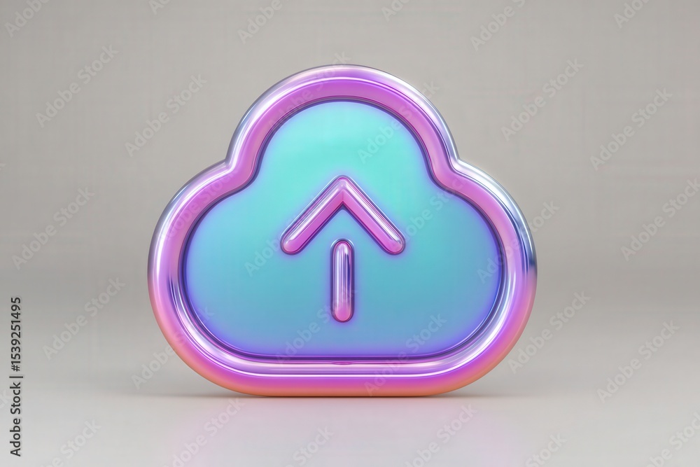 Poster colorful 3d cloud symbol showcasing upload arrow highlighted with bright iridescent lighting and a m