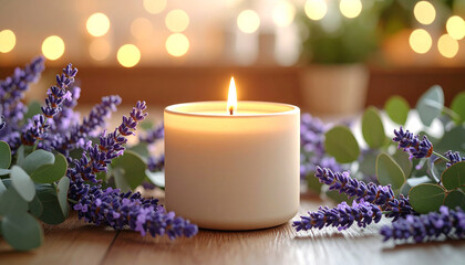 Lavender candle with soft bokeh  relaxing wellness concept