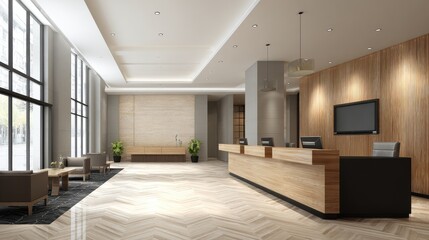 Well-lit hotel reception desk with professional decor and digital business service screen