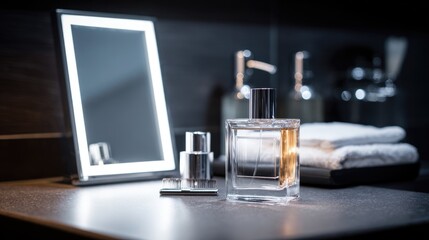 Well-lit mirror in hotel bathroom with grooming kit and cologne bottle for travelers