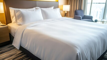 White duvet cover on hotel bed without a wrinkle, perfectly aligned with headboard