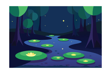 Enchanted Night Firefly Lit Water Lilies and Tranquil Forest Stream