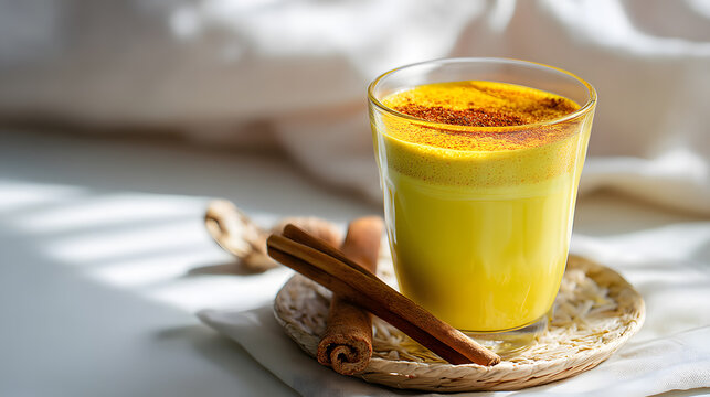 Glass of warm turmeric latte topped with cinnamon powder
