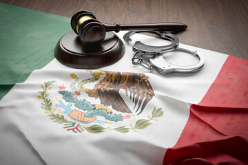 Gavel and Handcuffs Resting on a Tattered and Dirty Mexican Flag.