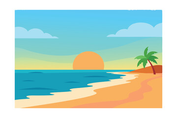 Fototapeta premium Serene Sunset Beach Scene Tropical Paradise Illustration
