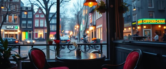 Cozy Amsterdam cafe, rain outside, vintage anime aesthetic,  coffee,  graphic