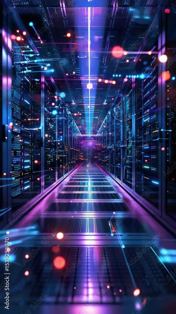 Poster inside a vibrant, high-tech server room with neon lights illuminating the rows of computer servers.