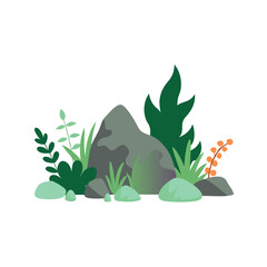 Rock Garden with Various Leafy Plants and Purple Flowering Herbs Cartoon Vector Element or Asset