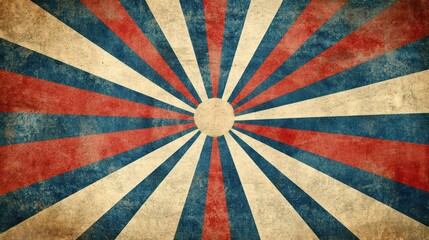 Vintage sunburst design, red and blue stripes on aged paper