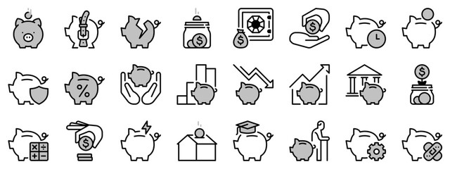 Icons in two tones about savings. Financial concept.
