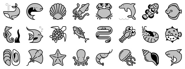Icons in two tones about sea animals. Sea world.