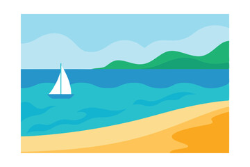 Naklejka premium Serene Seascape Sailboat on Calm Ocean Beach Scene