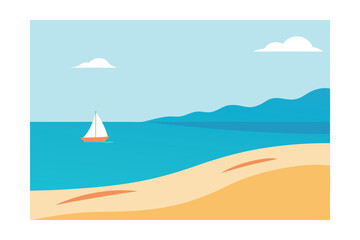 Serene Seascape Sailboat on Calm Ocean Beach Scene Illustration