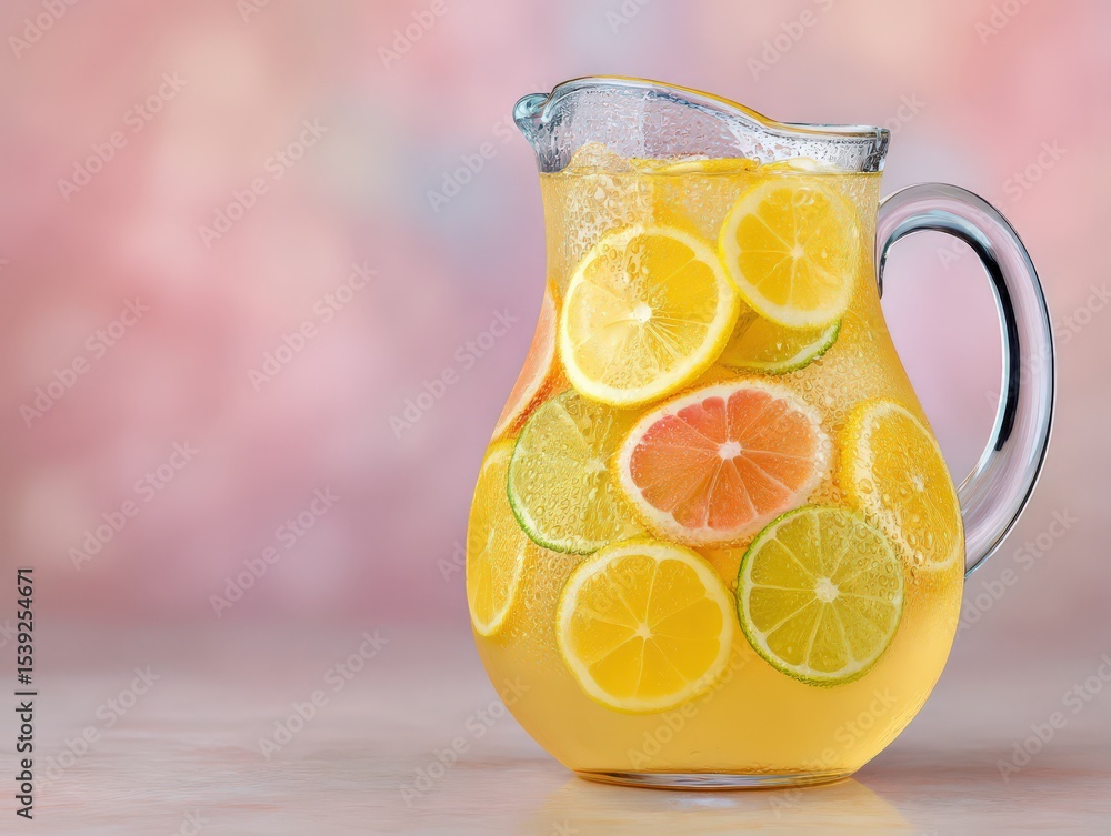 Poster refreshing pitcher filled with citrus lemonade showcasing vibrant oranges lemons and limes surrounde
