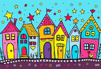 Obraz premium Whimsical doodle houses, stars, & playful shapes in vibrant colors, clipart, spring