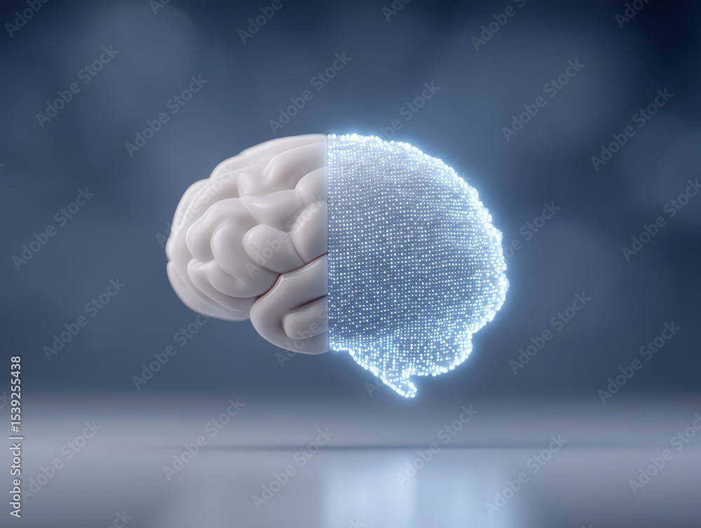 Poster 3d representation of a human brain half in realistic form and half as a luminous digital grid showca