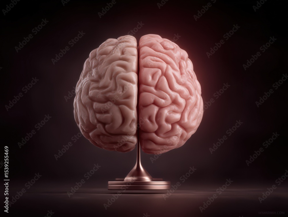Poster intricately designed pink brain model on a stand representing neuroplasticity and cognitive developm