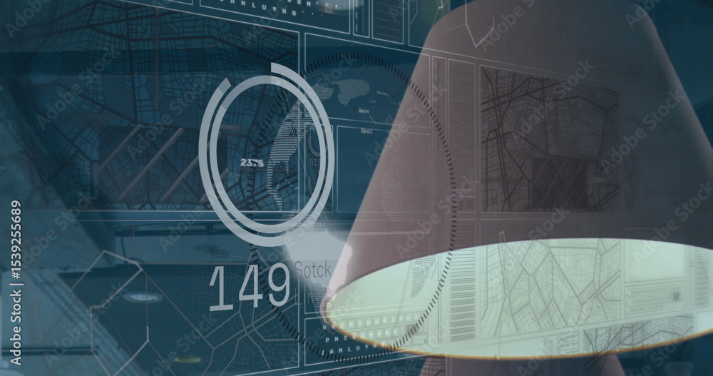 Aufkleber emitting glow, cone-shaped shade projecting gauge numeric map overlays in control room, copy space