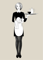 Engraved vintage black and white drawing of a young blonde girl waitress in uniform with a napkin and notebook in her hand holding  a round tray with coffee or tea pot and cup. Vector illustration