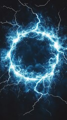 A circular burst of blue lightning with dark center and surrounding black background with strikes