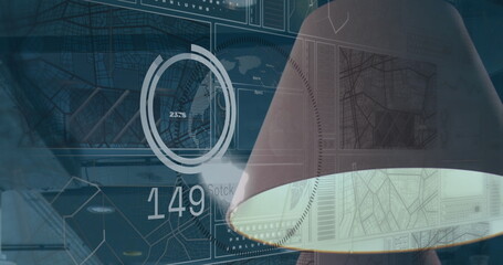Emitting glow, cone-shaped shade projecting gauge numeric map overlays in control room, copy space