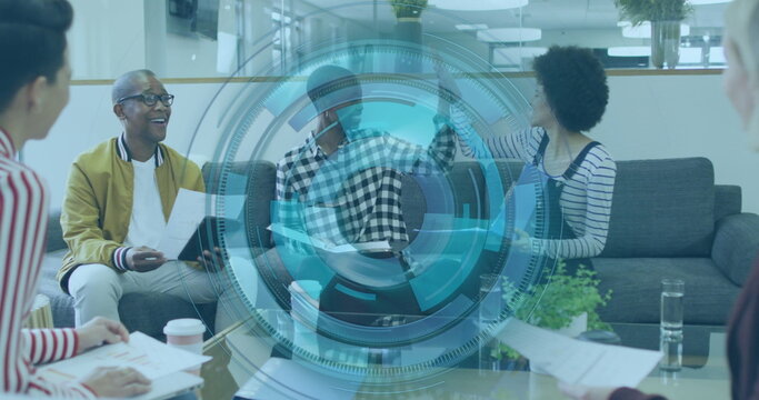 Team of five in office attire reviewing reports in office lounge, with analytics overlay and coffee