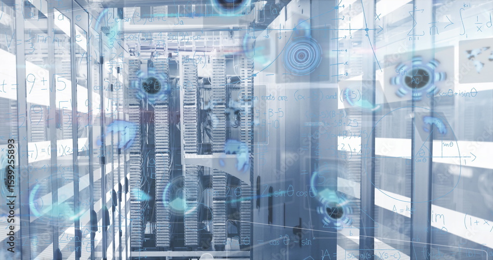 Poster displaying server racks projecting holographic equations in data center corridor, with led lights