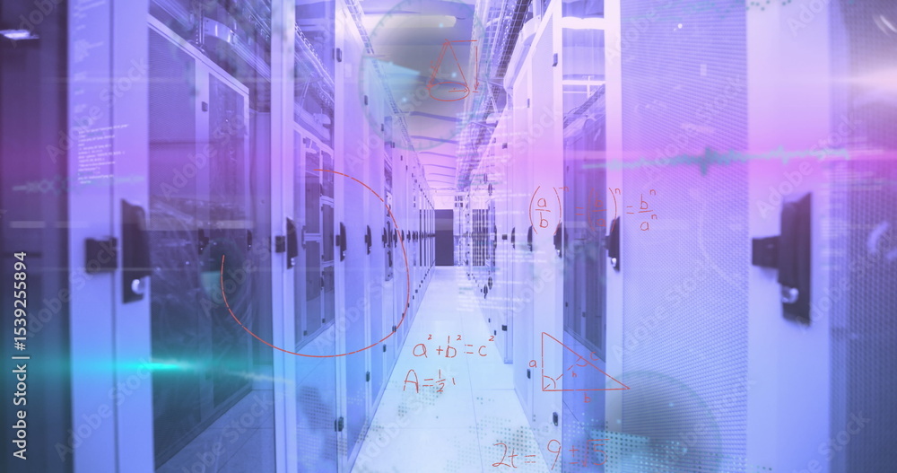 Poster displaying central aisle revealing data in data center, with server racks and holographic formulas