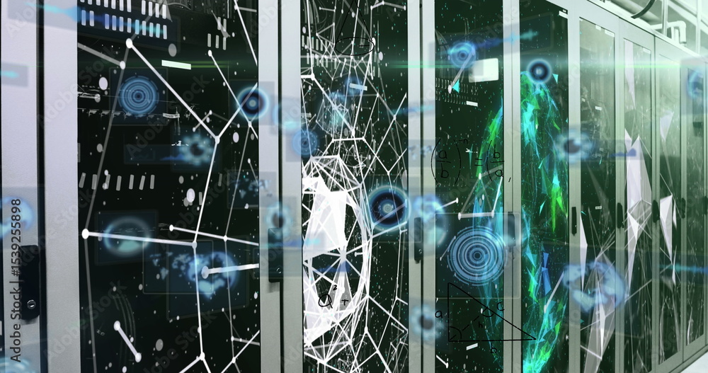 Poster glowing holographic network nodes connecting server cabinets at data center, with led indicators