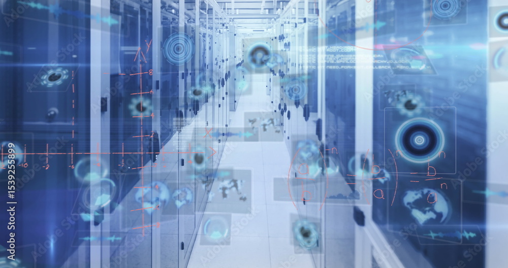 Aufkleber showcasing central corridor of server racks featuring holographic hud graphics inside data center