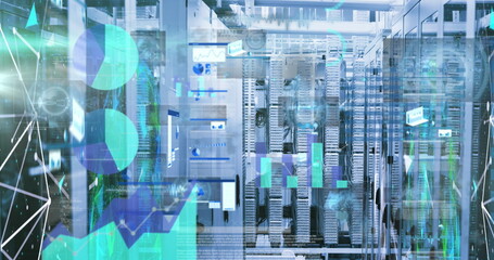 Highlighting server racks glowing with LED status lights in data center, with data overlays