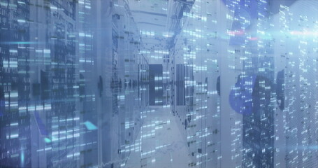 Central server racks streaming data overlay in data center corridor, with LED lights and vents