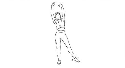 Young woman stretching with raised arms against a minimalist white background, fitness and wellness concept for yoga or health studios